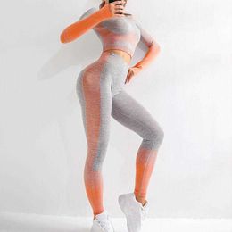 LANTECH Women Yoga Sets Gym FitnAthletic Sports Suits Set Pants Leggings Sportswear Leggings SeamlSports Shirts X0629