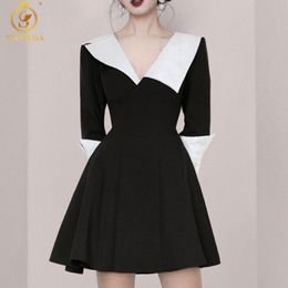 Arrival Vintage Elegant Women Black Dresses Spring Autumn Long Sleeve Female A Line Ladies Mini Dress Vestido Da Festa 210520