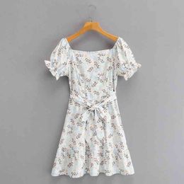 Spring Women Leaf Print Square Collar Sashes Mini Dress Female Short Sleeve Clothes Office Lady Loose Vestido D7210 210430