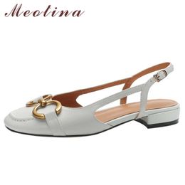Meotina Shoes Women Genuine Leather Sandals Metal Decoration Low Heel Sandals Thick Heel Round Toe Ladies Footwear Summer Brown 210608