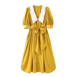 Women Yellow Lace Peter Pan Collar Patchwork Dress Puff Short Sleeve Sash Knee Length Vintage Summer D2557 210514