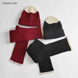 Fashion Baby Girls Boy Hat Scarf Set Winter Warm Children Beanie Hat Patchwork Woolen Yarn Knitted Hats Scarf Kids Two Piece Set 210713