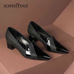 SOPHITINA Pumps Shoes Women Mid Heels Genuine Leather High Quality Mature Style Pointed Toe Spring Dress Ladies Shoes FO60 210513