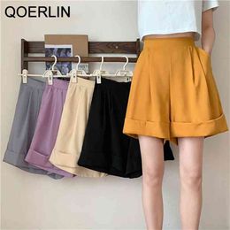 Elastic Waist Straight Shorts Female Korean Chic All-Match Loose Casual Side Pocket High Rolled Suit 210601