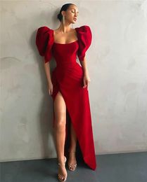 2021 Wine Red Velour Long Evening Dress Puff Sleeves Square Neck High Side Slit Floor Length Dubai Party Prom Gown