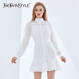 TWOTWINSTYLE Elegant Solid Colour Hollow Out Summer Dress For Women Long Sleeve High Waist Dresses Female Womens Clothing 2021 210320