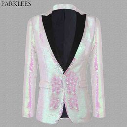 Pink Sequin Glitter Blazer Jacket Male 1 Button Patchwork Collar Shiny Blazers Mens Party Prom Stage Clothes for Singers Dancers 210522