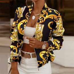 Short Jacket Women Long Sleeve Coats Female Elegant Spring Autumn Zipper Outwear Office Ladies Print Casual Jackets 211014