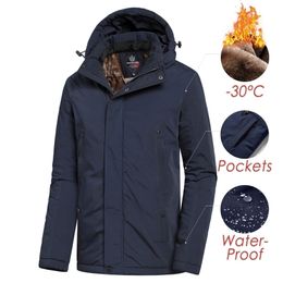 Men Winter Casual Long Thick Warm Fleece Hat Waterproof Parkas Jacket Coat Outwear Outdoor Fashion Pockets Parka Male 211214