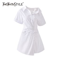 White Ruched Slim Dress For Women Asymmetrical Collar Short Sleeve High Waist Mini Dresses Female Fashion 210520