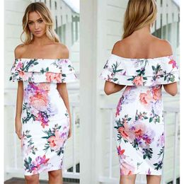 One-Shoulder Floral Printed Slim Dress Elegant Ruffle Stitching Knee-Length Party Women Fashion Bodycon es 210517
