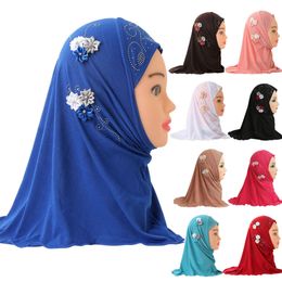 2022 Beautiful Small Girl Scarf with Handmade Flowers Fit 2-6 Years Old Kids Shawls Pull On Islamic Muslim Hijab Head Wrap Wholesale