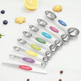 Measuring Tools Stainless Steel Magnetic Measuring Spoons with Leveller Double-Sided for Cooking Baking Dry Liquid Power Ingredients Teaspoon 8-piece Set ZL0623