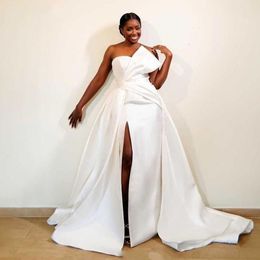Size African Plus Satin A Line Wedding Dresses Off Shoulder High Side Split Sweep Pleats Court Train Bridal Gowns Vestidos De Novia Custom Made