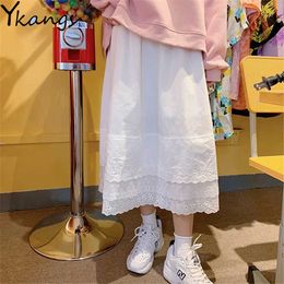 Sweet White Summer Cotton Cute Skirt For Girl Casual Loose High Waist A-Line Lace Long Skirt Women Students Simple Pleated Skirt 210619