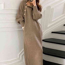 Winter Turtleneck Solid Knitted Sweater Dress Lady Lace-Up Elegant Solid Long Dress High Street Autumn 2021 Warm Pullover Dress G1214