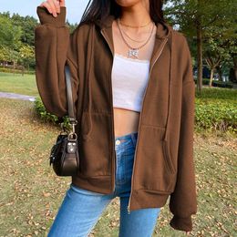 Women's Hoodies & Sweatshirts Brown Zip Up Hoodie Women Sweatshirt Winter Jacket Clothes Hooded Zipper Solid Color Pullovers Vintage Pockets