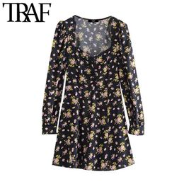 Women Chic Fashion Floral Print Pleated Mini Dress Vintage Long Sleeve Side Zipper Female Dresses Vestidos Mujer 210507