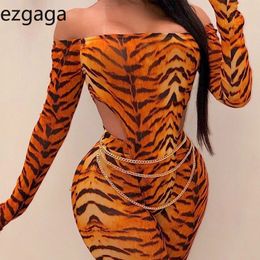 Ezgaga 2 Piece Suit Women Bodysuit Long Sleeve Autumn Slash Neck Off Shoulder Leopard Pants Hollow Out Sexy Jumpsuit Clubwear 210430