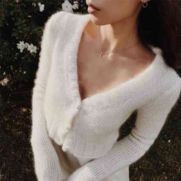 white cropped cardigan women autumn winter fuzzy v neck long sleeve mohair short knitted fluffy s 210427