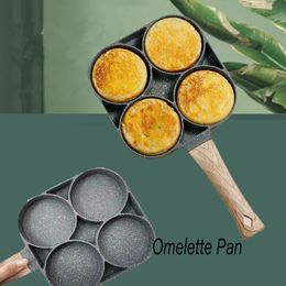 4 Hole Omelet Pan For Burger Eggs Ham Pancake Steak Maker Wooden Handle Frying Pan Non-stick Cooking Breakfast Dinner Lunch Cook 210319