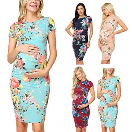 Women Maternity Dresses Fashion Short Sleeve O-neck Printed Pregnant Maternity Dress Flower Patry Clothes Pregnancy Clothing Q0713