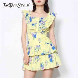 Print Hit Colour Summer Dress For Women Square Collar Short Sleeve High Waist Patchwork Ruffle Dresses Female 210520