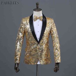 Shiny Floral Sequin Glitter Shawl Collar One Button Blazer Jacket Men Brand Wedding Stage Prom Nightclub Costume Homme 210522