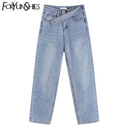 FORYUNSHES Pockets Patchwork High Waist Jeans Korean Style Women Streetwear Straight Jean Femme Wide Leg Blue Denim Cargo Pants 210709