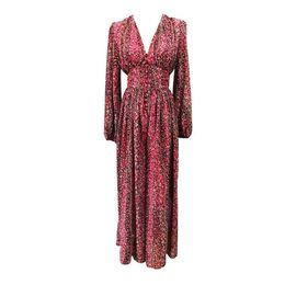 PERHAPS U Red Floral Flower Print Deep V Neck Long Lantern Sleeve Maxi Long Dress Sexy Autumn D1720 210529