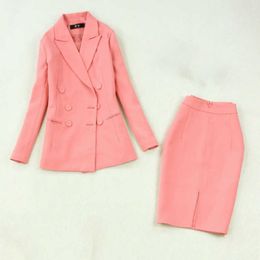 Women's suits autumn women's large size double-breasted pink suit jacket bag hip split half-length skirt two-piece 210527