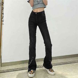 Streetwear Metal Chain Button Jeans Women's Spring Summer Mid Waist Loose Denim Flare Pants Female Tide 210427