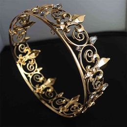 Baroque Vintage Royal Full Round King Crown Gold Metal Crowns And Tiaras For Men Prom King Party Costume Accessories Head Piece 211224