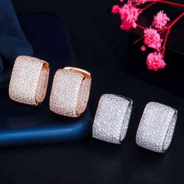 CWWZircons Double Sided Micro Paved Cubic Zirconia White Gold Colour CZ Stone Rectangle Hoop Earrings for Ladies Jewellery CZ910