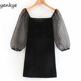 Vintage Black Velvet Dress Women Sexy Semi-Sheer Dotted Sleeve V Neck Bodycon Mini XNGC9617 210514