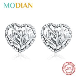 Hollow Line Tree Leaves Heart Simple Stud Earrings For Women 925 Sterling Silver Vintage Charm Jewellery Design Bijoux 210707