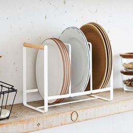 Kitchen Storage & Organisation Wrought Iron Portable Wooden Handle Pot Cover Rack Chopping Board Three Grid Dish Supplies