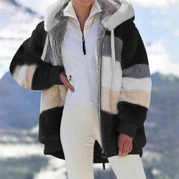 Winter Women Jacket Warm Thick Plush Loose Hoodies Coat Mixed Color Patchwork Outwear Faux Fur Zip Up Ladies Parka 210923