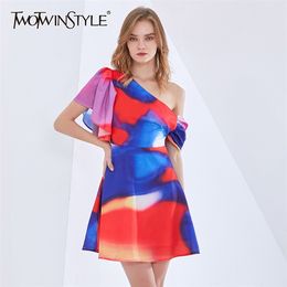 Sexy Print Tie Dye Dress For Women Asymmetrical Collar Short Sleeve High Waist Hit Colour Dresses Female Fashion 210520