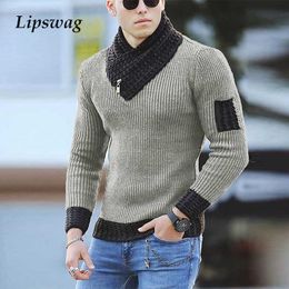 Casual Mens Slim Knit Sweater Autumn Winter Warm Turtleneck Jumpers Men Fashion Patchwork Long Sleeve Sweaters Streetwear 210929