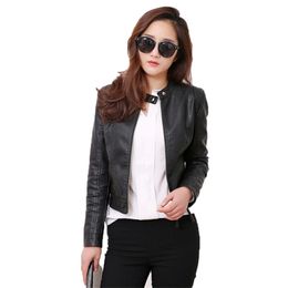 Black faux leather coat women white korean slim top PU jacket autumn standing collar fashion short paragraph LR572 210531