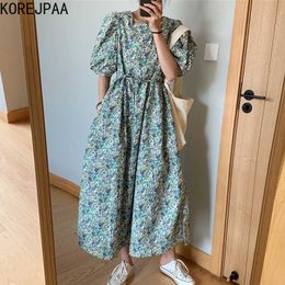 Korejpaa Women Dress Summer Korean Chic Retro Temperament Square Collar Contrast Colour Lace Puff Sleeve Floral Vestidos 210526
