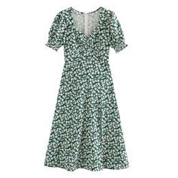 Women Green Floral Print Dress Slash Collar Puff Sleeve Short Knee Length Chic Summer Split A-line D1900 210514
