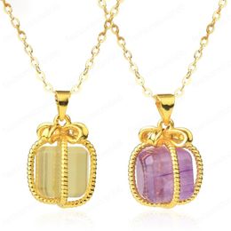 Gold Color Natural Gem Stone Necklace for Women Copper Wire Wrap Square Pendant Dainty Delicate Necklaces Jewelry Gift
