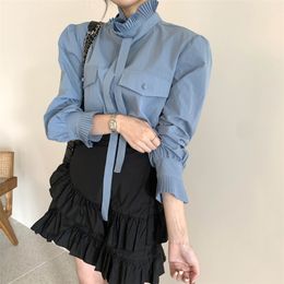 Women Blouses Pleated Lace Up Stand Collar Solid Color Double Pockets Petal Sleeve Femme Blusas Autumn Shirts GK402 210507