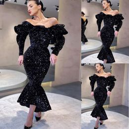 Black Sequins Prom Dresses Mermaid Evening Gowns Long Sleeve Off The Shoulder Formal Party Custom Made Dress