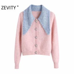 Zevity Women Fashion Colour Matching Blue Collar Patchwork Pink Knitting Sweater Femme Chic Diamond Button Cardigan Tops S430 210603