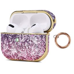 Bling Glitter Gradient Rainbow Full Diamond Plating Headphone Accessories Shockproof Protective Case With Keychain Hook For Apple AirPods 1 2 Pro