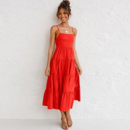 Casual Dresses Red Dress Women Arrive Summer Strap Ruffles Backless Mid-Calf Long 2021 Sexy Sling Midi Vestido De Mujer