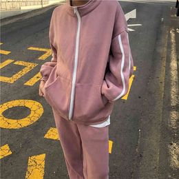 Spring Winter Woman Sets 2 Piece Kit Tracksuit Pants Sport Casual Thicken Zipper Striped Stand Collar 210512